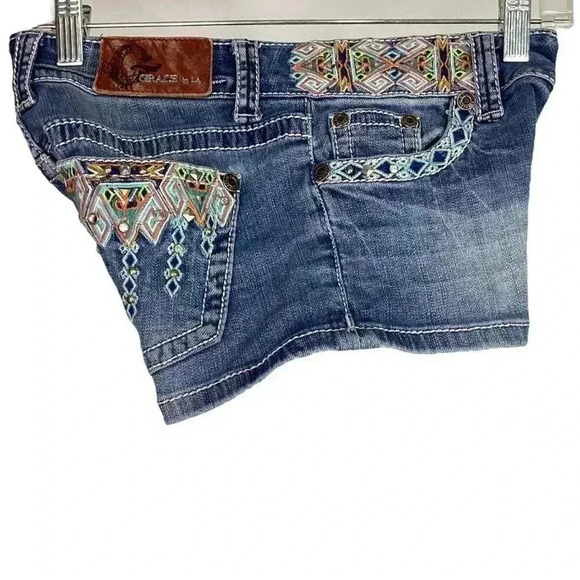 Grace in LA Jeans Womens 25 Blue Jean Short Shorts Embroidered Aztec Stretch - Picture 4 of 9